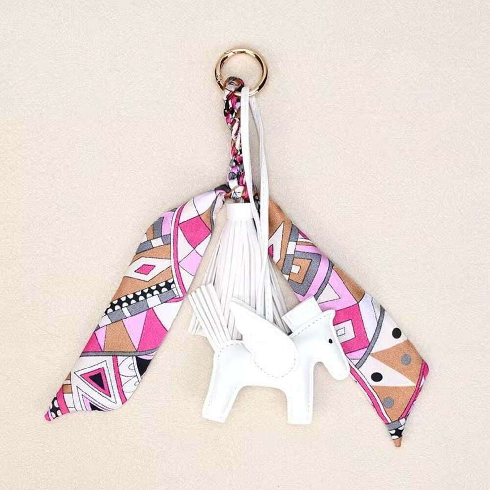 White Pegasus Horse Bag Charm with Silk Scarf Tassel